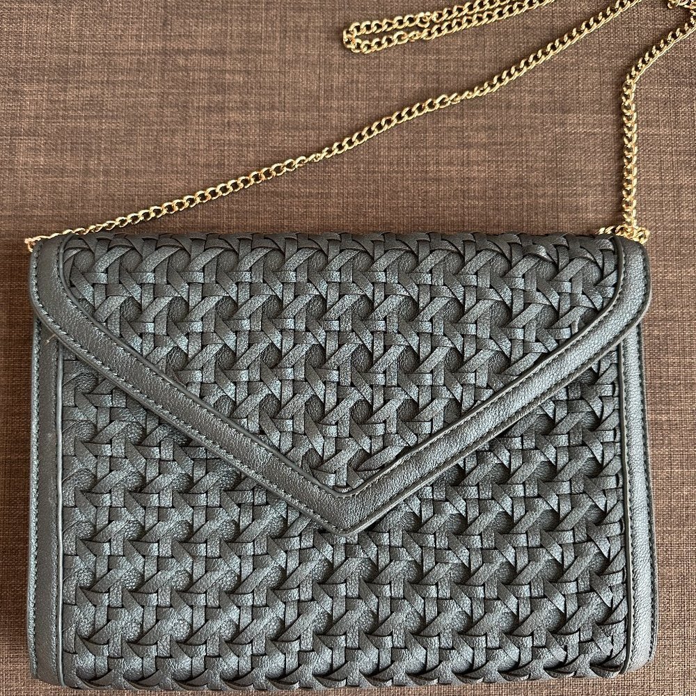 Woven Vegan Leather Envelope Crossbody Bag Blue Gold Chain Evening Purse
